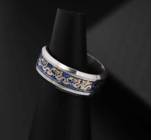 Men 8mm Tungsten Beveled Edges Silver & Blue Celtic Gold Dragon Comfort-Fit Band
